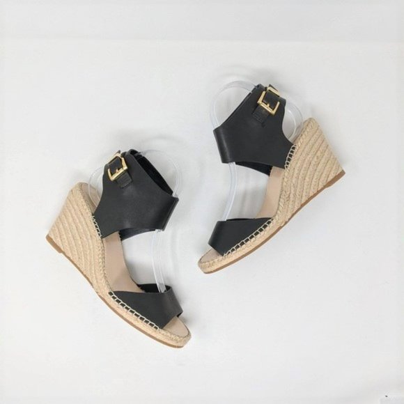VINCE CAMUTO Tomell Black Leather Espadrille Wedge - Picture 2 of 10